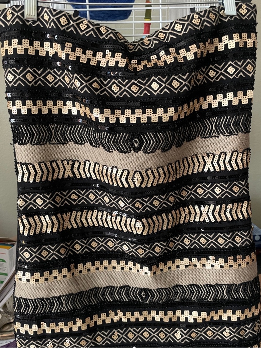 San Joy Black, White & Gold Mini Dress with Geometric Sequin Pattern